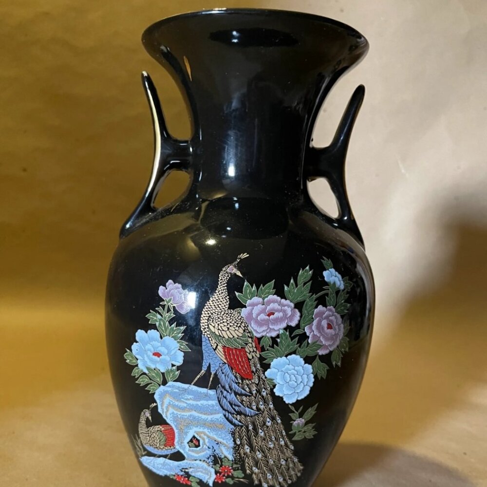 Vintage Japanese Double Handled Peacock Vase